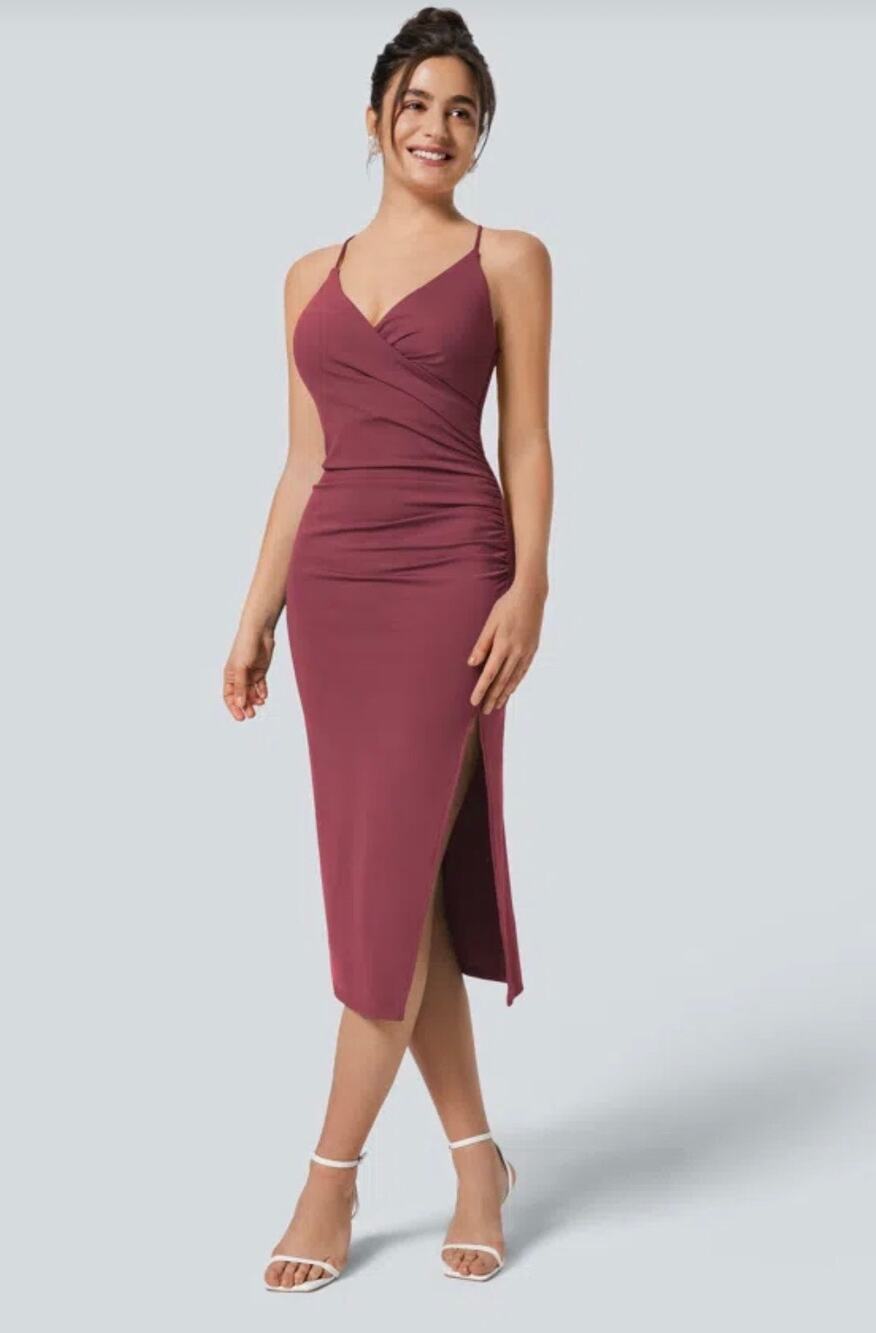 Sleeveless V-Neck Ruched Midi Dress in Mauve